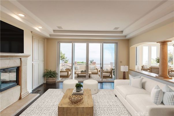 Fireplace, Interior, Living room, Recessed Lighting, Water, Wood Texture Flooring