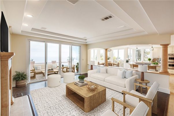 Dining room, Fireplace, Interior, Living room, Pendant Lights, Recessed Lighting, Water, Wood Texture Flooring