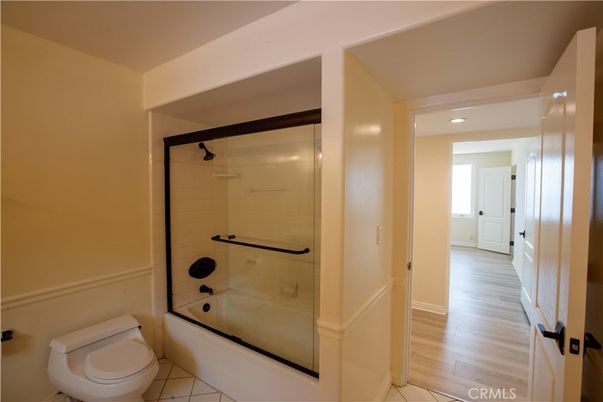 Bathroom, Glass Shower, Interior, Recessed Lighting, Wood Texture Flooring