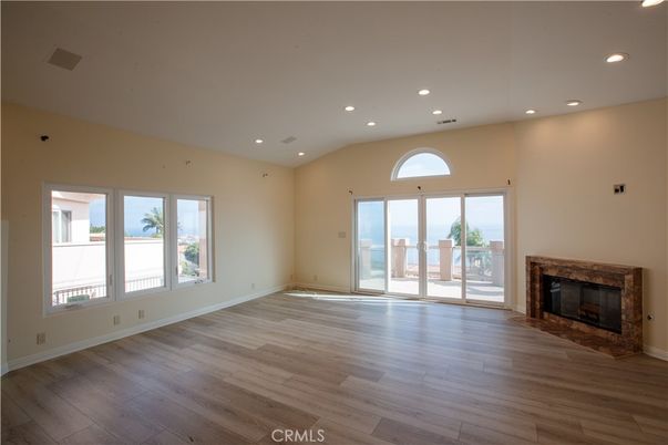 Empty room, Fireplace, Interior, Recessed Lighting, Wood Texture Flooring
