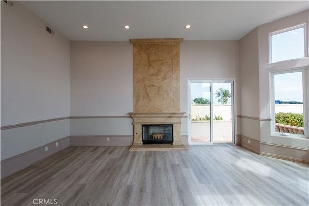 Empty room, Fireplace, Interior, Recessed Lighting, Wood Texture Flooring