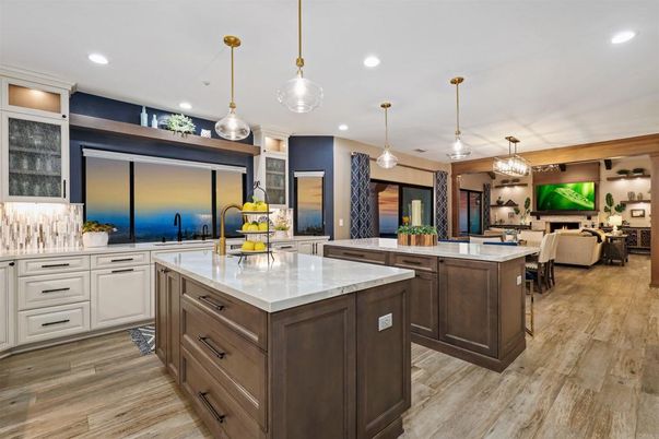 Chandelier, Dining room, Interior, Kitchen, Living room, Pendant Lights, Recessed Lighting, Wood Texture Flooring