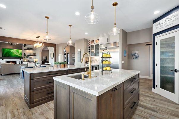 Fireplace, Interior, Kitchen, Living room, Pendant Lights, Recessed Lighting, Wood Texture Flooring