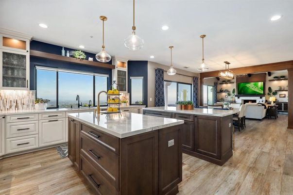 Chandelier, Dining room, Interior, Kitchen, Living room, Pendant Lights, Recessed Lighting, Wood Texture Flooring