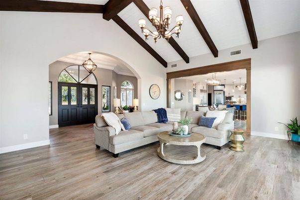 Chandelier, Dining room, Interior, Kitchen, Living room, Pendant Lights, Wooden Beams, Wood Texture Flooring