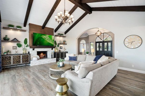 Chandelier, Fireplace, Interior, Living room, Wooden Beams, Wood Texture Flooring