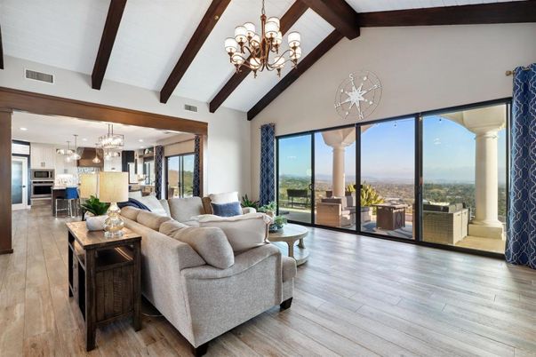 Chandelier, Interior, Kitchen, Living room, Pendant Lights, Recessed Lighting, Stainless Steel Appliances, Wooden Beams, Wood Texture Flooring