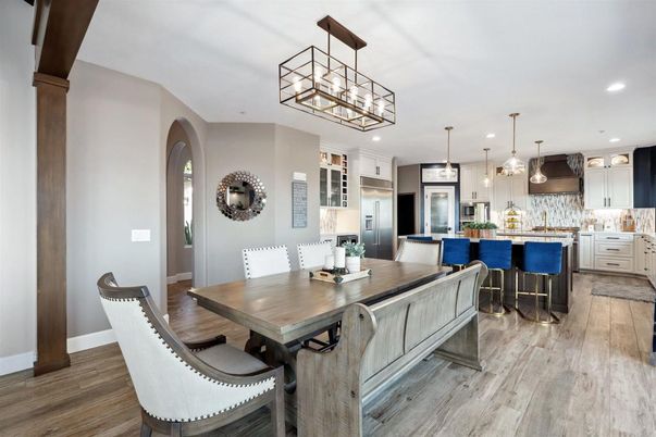 Dining room, Interior, Kitchen, Pendant Lights, Recessed Lighting, Wood Texture Flooring