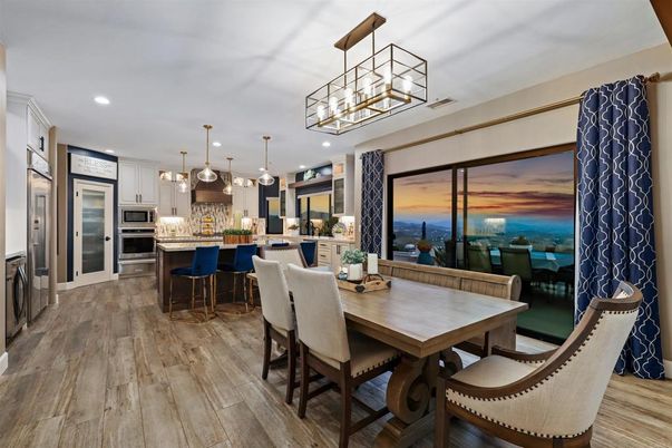 Dining room, Interior, Kitchen, Pendant Lights, Recessed Lighting, Stainless Steel Appliances, Water, Wood Texture Flooring