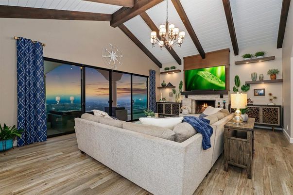 Chandelier, Fireplace, Interior, Living room, Water, Wooden Beams, Wood Texture Flooring