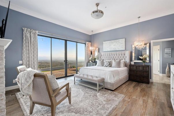 Bedroom, Chandelier, Fireplace, Interior, Pendant Lights, Wood Texture Flooring