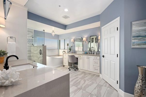 Bathroom, Dual Sink Vanities, Glass Shower, Interior, Recessed Lighting