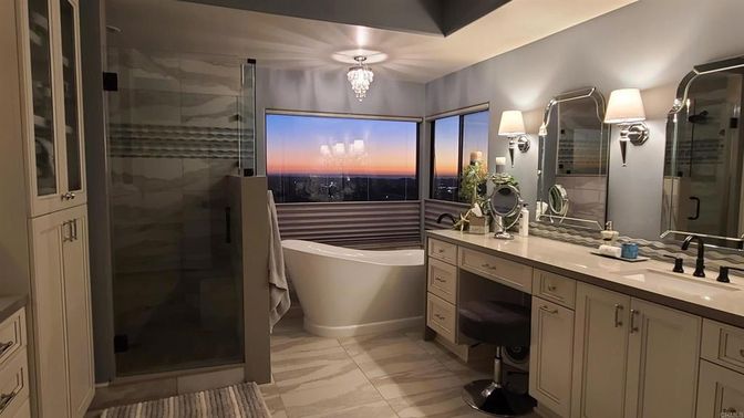 Bathroom, Dual Sink Vanities, Free Standing Baths, Glass Shower, Interior, Marble