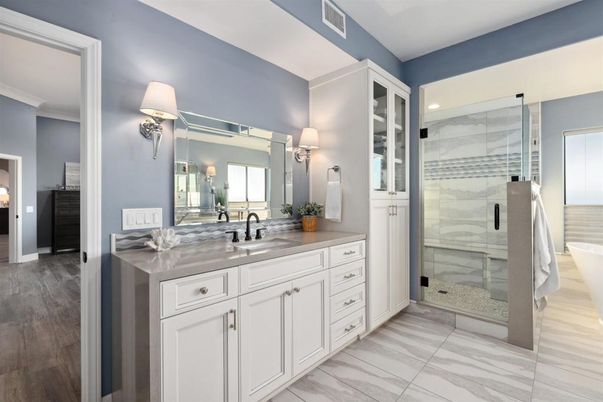 Bathroom, Dual Sink Vanities, Glass Shower, Interior, Recessed Lighting, Wood Texture Flooring