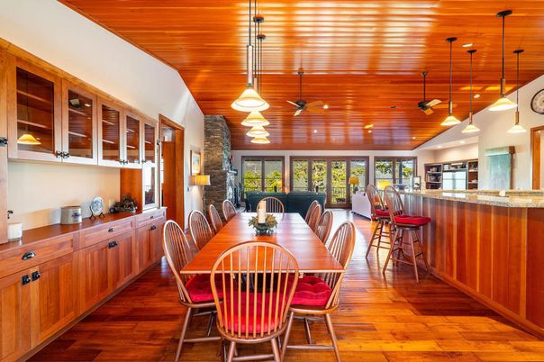 Dining room, Interior, Pendant Lights, Recessed Lighting, Wooden Ceilings, Wood Texture Flooring