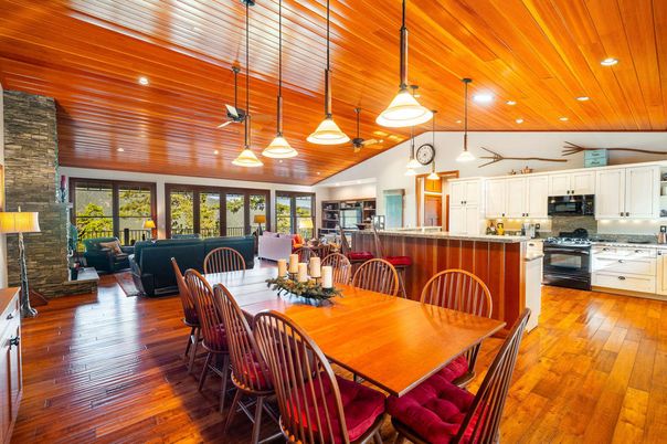 Dining room, Interior, Kitchen, Living room, Pendant Lights, Recessed Lighting, Wooden Ceilings, Wood Texture Flooring