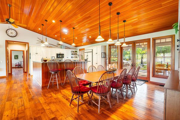 Dining room, Interior, Kitchen, Pendant Lights, Recessed Lighting, Wooden Ceilings, Wood Texture Flooring