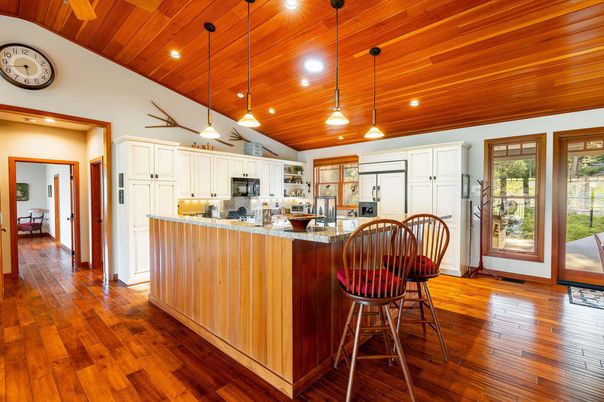 Interior, Kitchen, Pendant Lights, Recessed Lighting, Stainless Steel Appliances, Wooden Ceilings, Wood Texture Flooring
