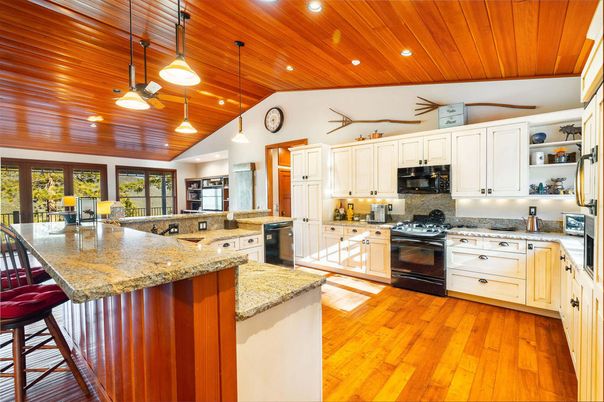 Interior, Kitchen, Pendant Lights, Recessed Lighting, Wooden Ceilings, Wood Texture Flooring