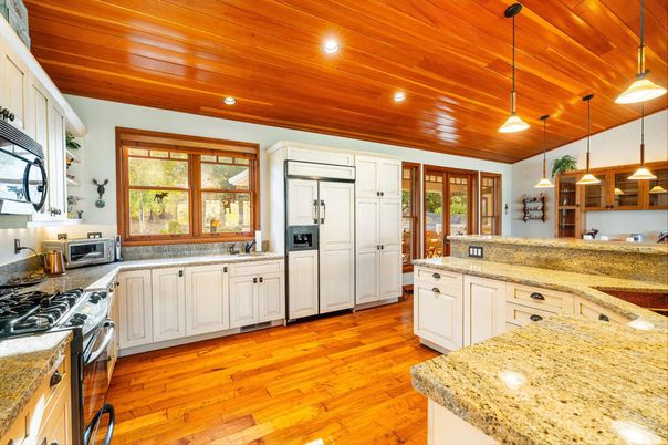 Interior, Kitchen, Pendant Lights, Recessed Lighting, Wooden Ceilings, Wood Texture Flooring