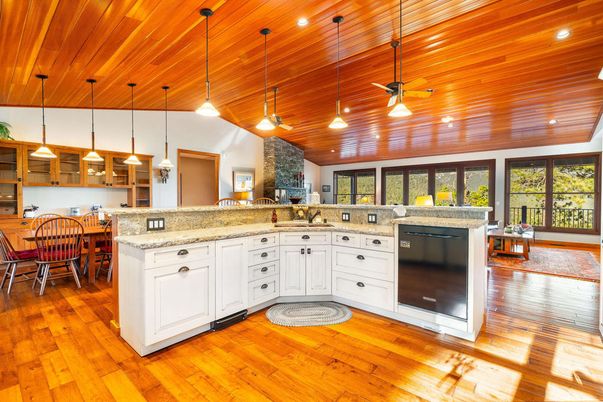 Interior, Kitchen, Pendant Lights, Recessed Lighting, Wooden Ceilings, Wood Texture Flooring