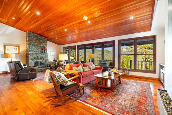 Fireplace, Interior, Living room, Recessed Lighting, Stone Walls, Wooden Ceilings, Wood Texture Flooring