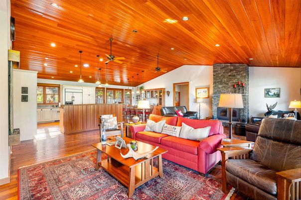 Fireplace, Interior, Living room, Pendant Lights, Recessed Lighting, Stone Walls, Wooden Ceilings, Wood Texture Flooring