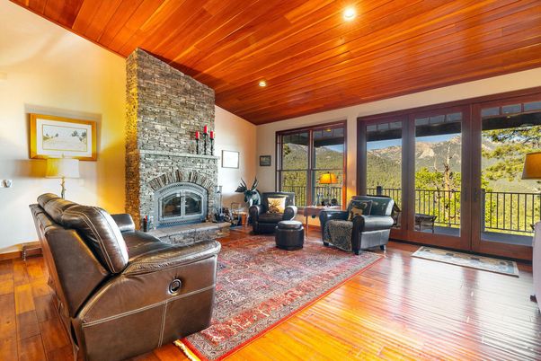 Fireplace, Interior, Living room, Recessed Lighting, Stone Walls, Wooden Ceilings, Wood Texture Flooring