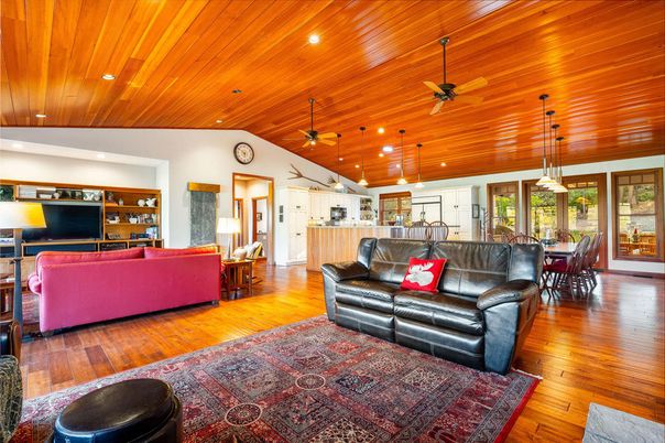Dining room, Interior, Living room, Pendant Lights, Recessed Lighting, Wooden Ceilings, Wood Texture Flooring