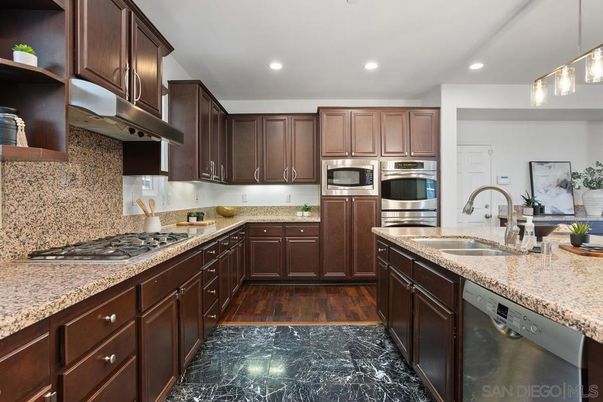 Interior, Kitchen, Marble, Recessed Lighting, Stainless Steel Appliances, Wood Texture Flooring