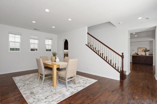 Dining room, Interior, Recessed Lighting, Wood Texture Flooring