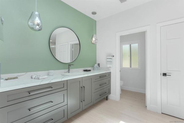 Bathroom, Dual Sink Vanities, Interior, Pendant Lights, Wood Texture Flooring