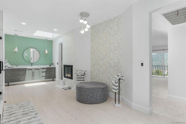 Fireplace, Interior, Pendant Lights, Recessed Lighting, Wood Texture Flooring