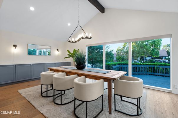 Dining room, Interior, Pendant Lights, Recessed Lighting, Wooden Beams, Wood Texture Flooring