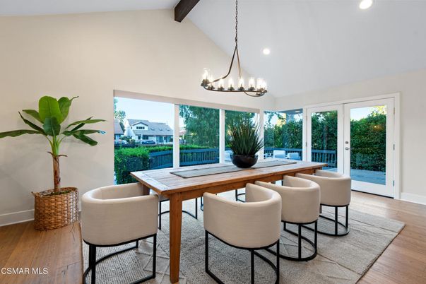 Chandelier, Dining room, Interior, Recessed Lighting, Wooden Beams, Wood Texture Flooring