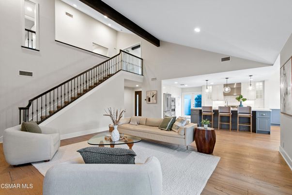 Interior, Kitchen, Living room, Pendant Lights, Recessed Lighting, Wooden Beams, Wood Texture Flooring