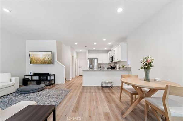 Dining room, Interior, Kitchen, Recessed Lighting, Stainless Steel Appliances, Wood Texture Flooring