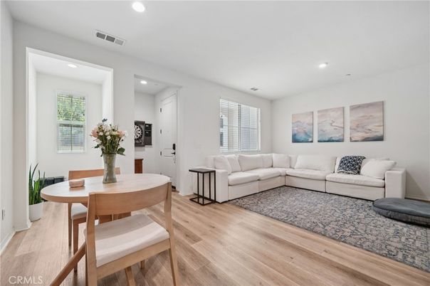 Dining room, Interior, Living room, Recessed Lighting, Wood Texture Flooring