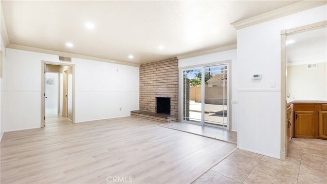 Empty room, Fireplace, Interior, Recessed Lighting, Wood Texture Flooring