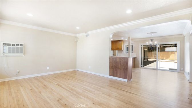 Chandelier, Empty room, Interior, Kitchen, Recessed Lighting, Wood Texture Flooring