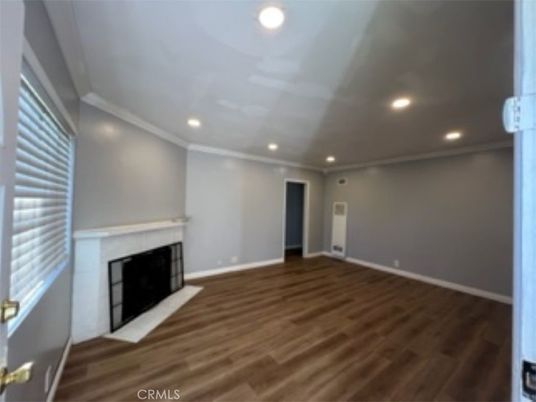 Empty room, Fireplace, Interior, Recessed Lighting, Wood Texture Flooring