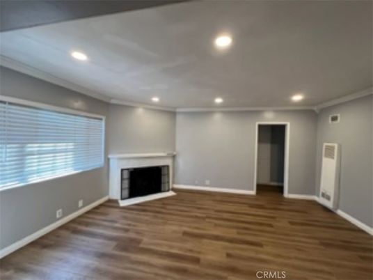 Empty room, Fireplace, Interior, Recessed Lighting, Wood Texture Flooring
