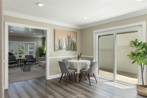 Dining room, Interior, Living room, Recessed Lighting, Wood Texture Flooring