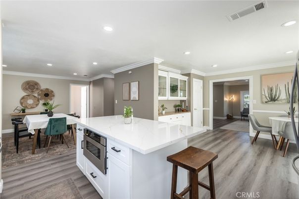 Dining room, Interior, Kitchen, Recessed Lighting, Wood Texture Flooring
