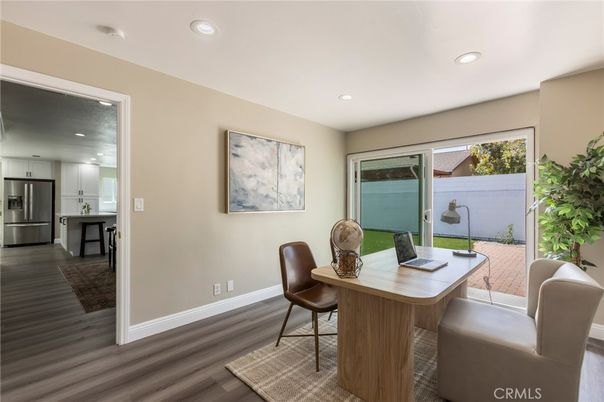 Dining room, Interior, Kitchen, Recessed Lighting, Stainless Steel Appliances, Wood Texture Flooring