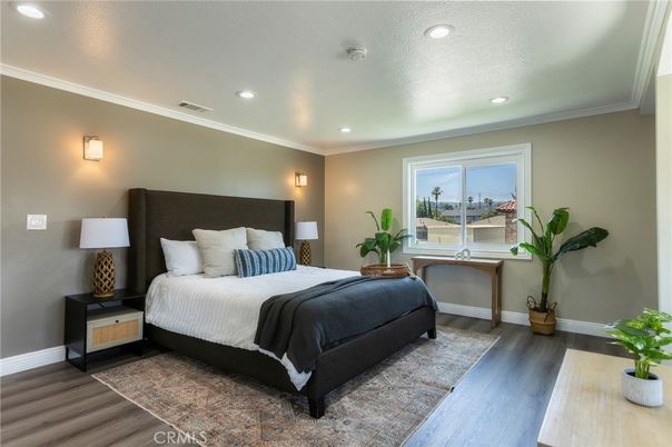 Bedroom, Interior, Recessed Lighting, Wood Texture Flooring