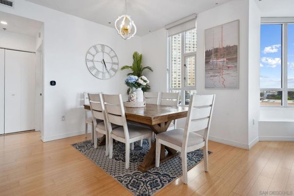 Dining room, Interior, Pendant Lights, Recessed Lighting, Wood Texture Flooring