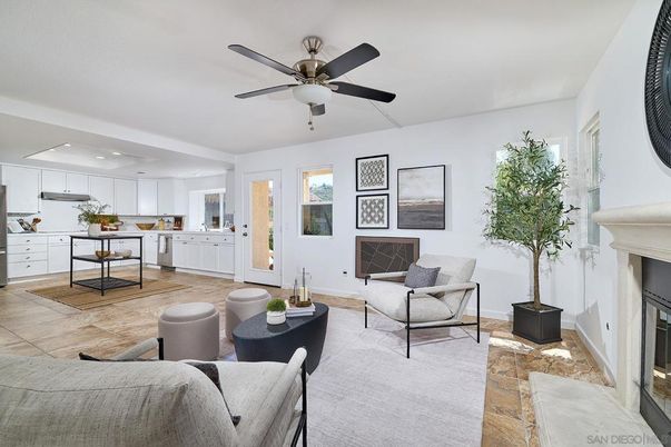 Fireplace, Interior, Kitchen, Living room, Recessed Lighting