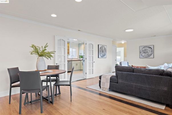 Dining room, Interior, Kitchen, Living room, Recessed Lighting, Wood Texture Flooring