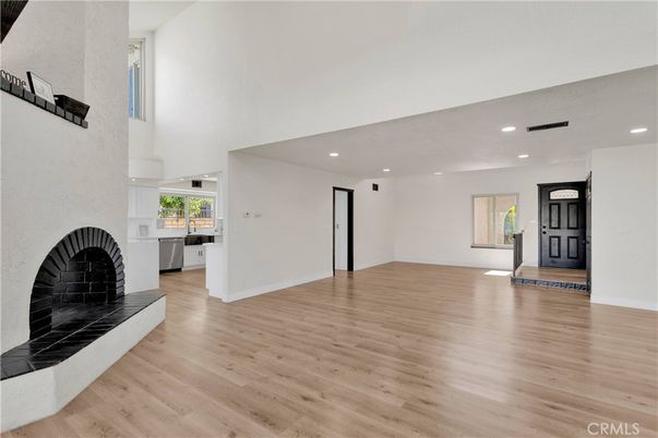 Empty room, Fireplace, Interior, Recessed Lighting, Wood Texture Flooring